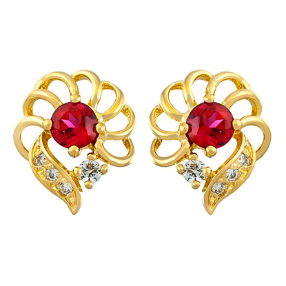 Picture of Red CZ Floral Stud Earrings Gold Plated