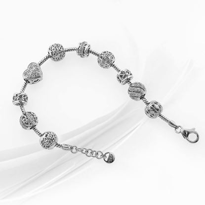 Picture of CZ Heart and Beads Charm Bracelet Rhodium Plated