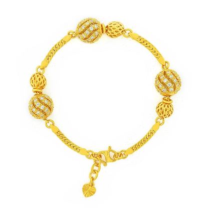 Picture of Flat Curb Chain Bracelet Gold Plated with CZ Spiral Balls Charms