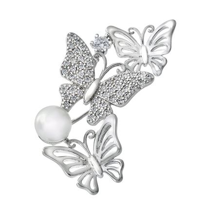 Picture of Triple Butterflies Brooch Rhodium Plated with White Pearl