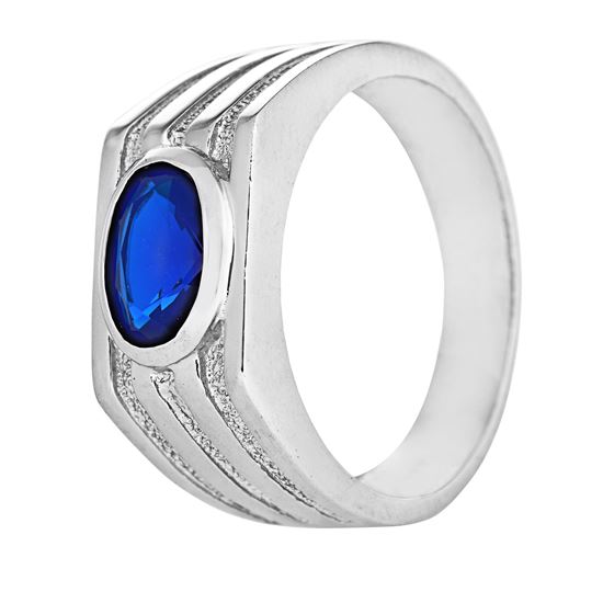 Picture of Blue CZ Wide Signet Ring Rhodium Plated for Men