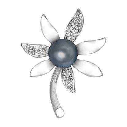 Picture of Synthetic Tahitian Pearl Flower Mini Brooch Rhodium Plated with CZ