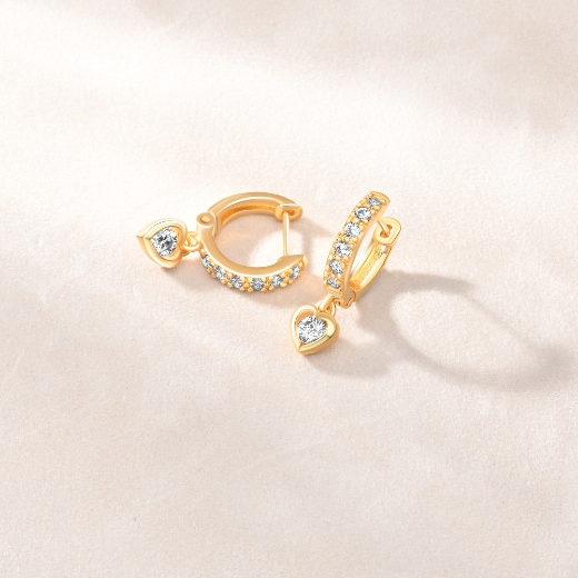 CZ Heart Charm Hoop Earrings