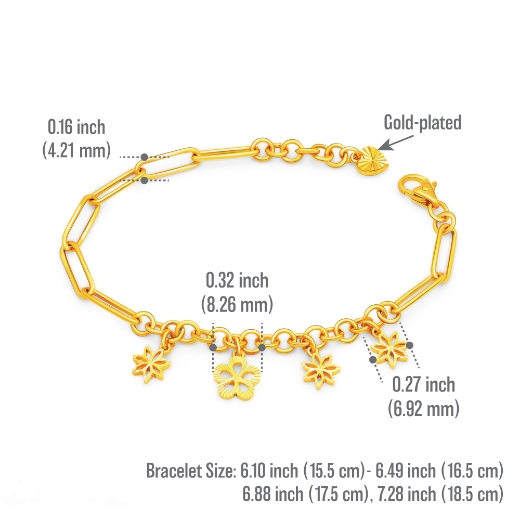Flowers Paperclip Bracelet Gold Plated measurement